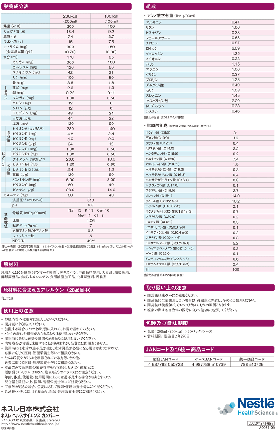 主要成分/栄養成分表