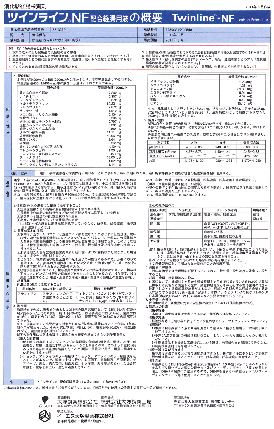 ツインラインNFの概要：組成表など