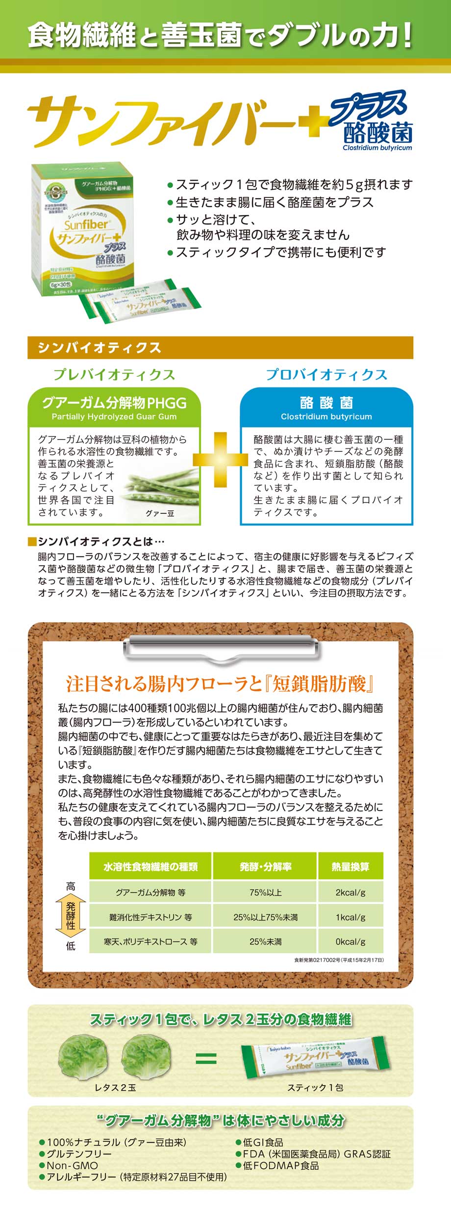 食物繊維と善玉菌でダブルの力！スティック１包で食物繊維を約５g摂れます● 生きたまま腸に届く酪産菌をプラス● サッと溶けて、飲み物や料理の味を変えません● スティックタイプで携帯にも便利です。