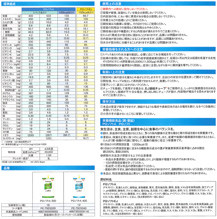 PGソフトAの標準組成/使用上の注意等