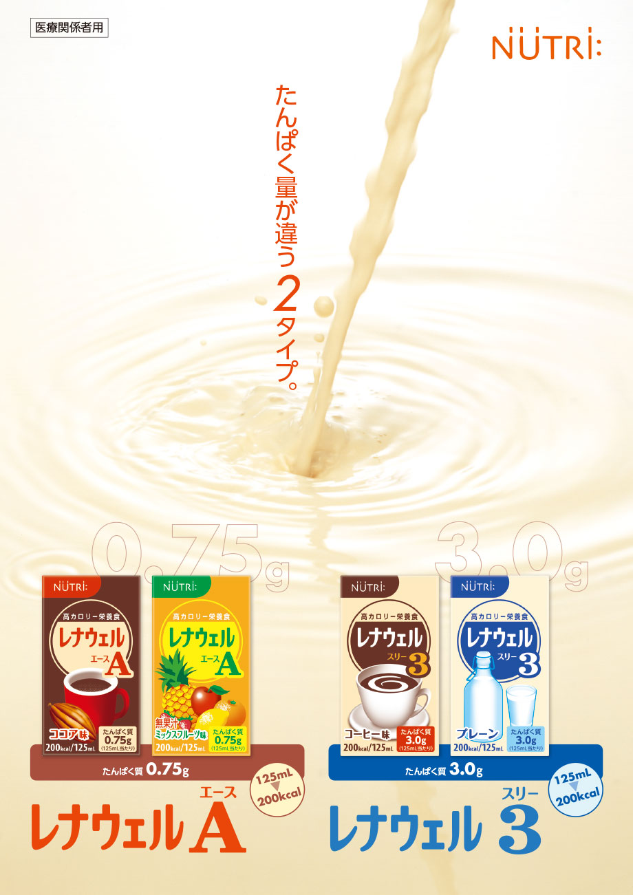 蛋白量が違う2タイプ。テルミール専科レナウェルA（125mL/200Kcal）、テルミール専科レナウェル3（125mL/200Kcal）