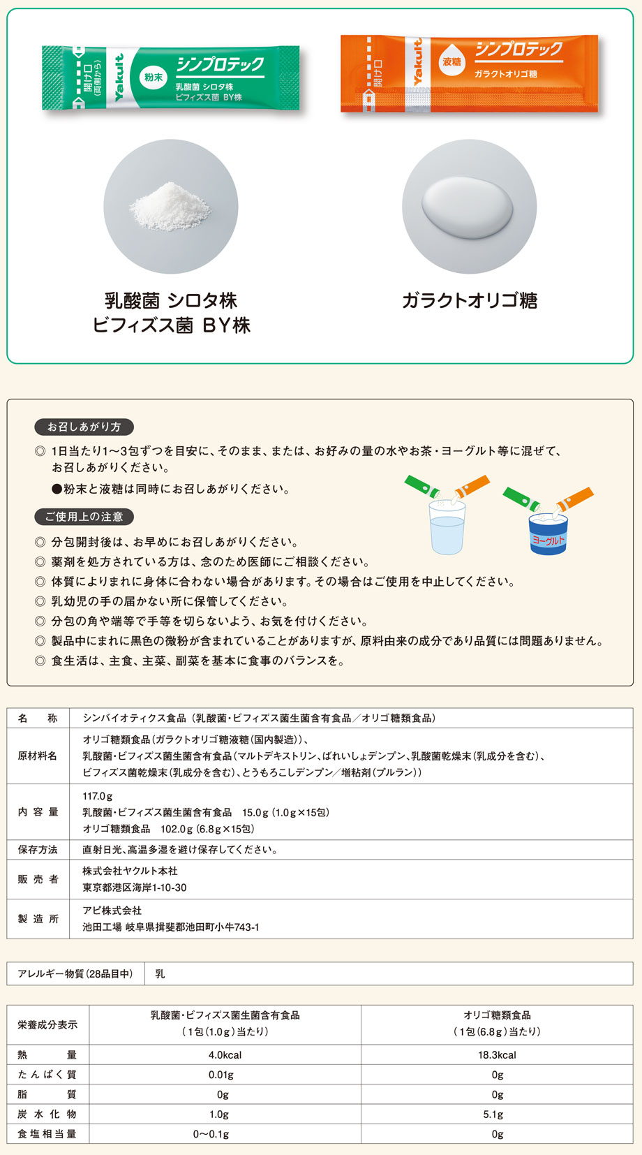 シンプロテック・使用上の注意、原材料・アレルギー物質