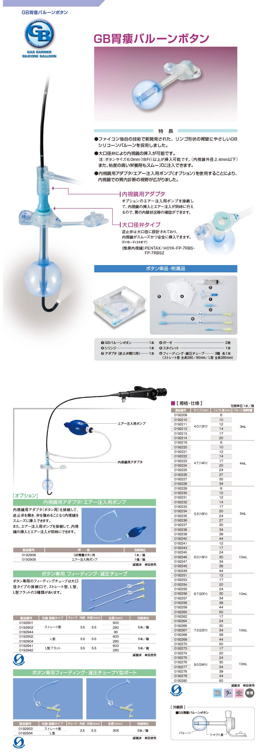 GB胃瘻バルーンボタンの規格、医療機器承認番号、セット内容