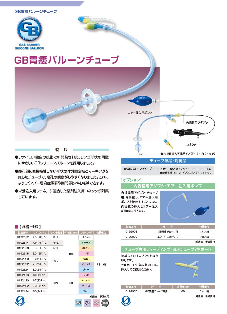 GB胃瘻バルーンチューブの規格、医療機器承認番号、セット内容