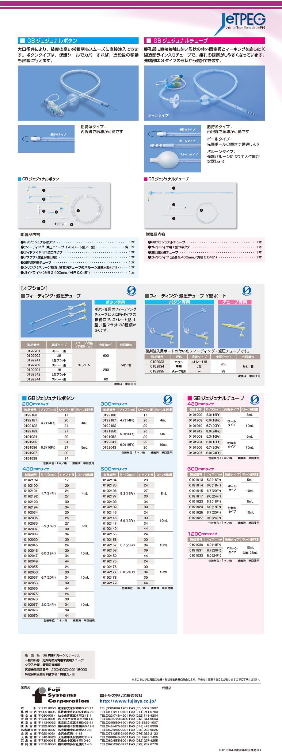 GBジェジュナルボタン／チューブの規格、医療機器承認番号、セット内容