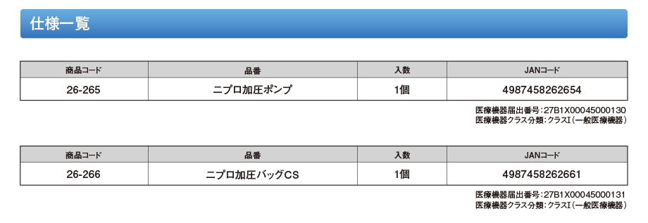 【仕様】商品コード:26-265 製品番号:ニプロ加圧ポンプ/ニプロ加圧バッグCS 包装単位:1個 JANコード:4987458262654