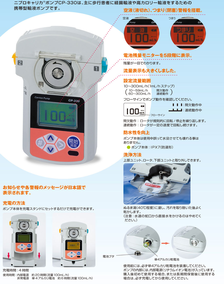 空液（液漏れ）、つまり（閉塞）警報を搭載。電池残量モニターを5段階に表示。流量表示も大きくしました。防水性を向上。洗浄方法。お知らせや各警報のメッセージが日本語で表示されます。充電の方法。