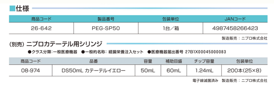 PEGソリッドの仕様。別売ニプロカテーテル用シリンジ。