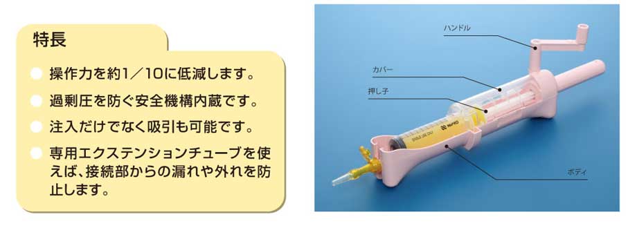 【特長】操作力を約１/１０に低減します。過剰圧を防ぐ安全機構内蔵です。注入だけでなく吸引も可能です。専用エクステンションチューブを使えば、接続部からの漏れや外れを防止します。