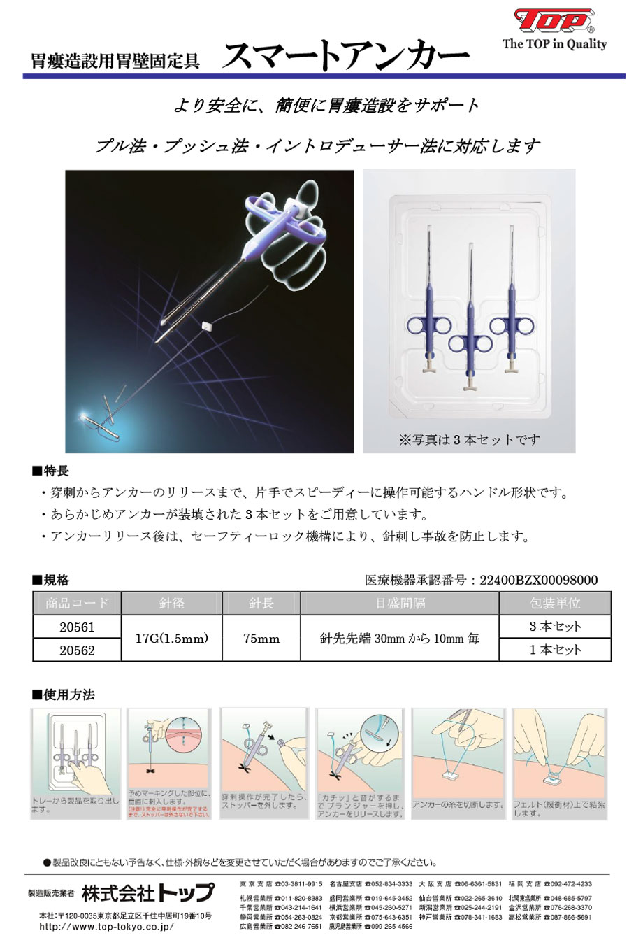 胃瘻造設用胃壁固定具 スマートアンカー。より安全に、簡便に胃瘻造設をサポート。プル法・プッシュ法・イントロデューサー法に対応します。