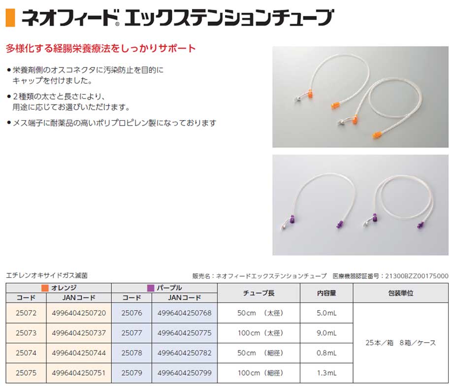 ネオフィードエックステンションチューブ。多様化する経腸栄養療法をしっかりサポート。医療機器認証番号　21300BZZ00175000