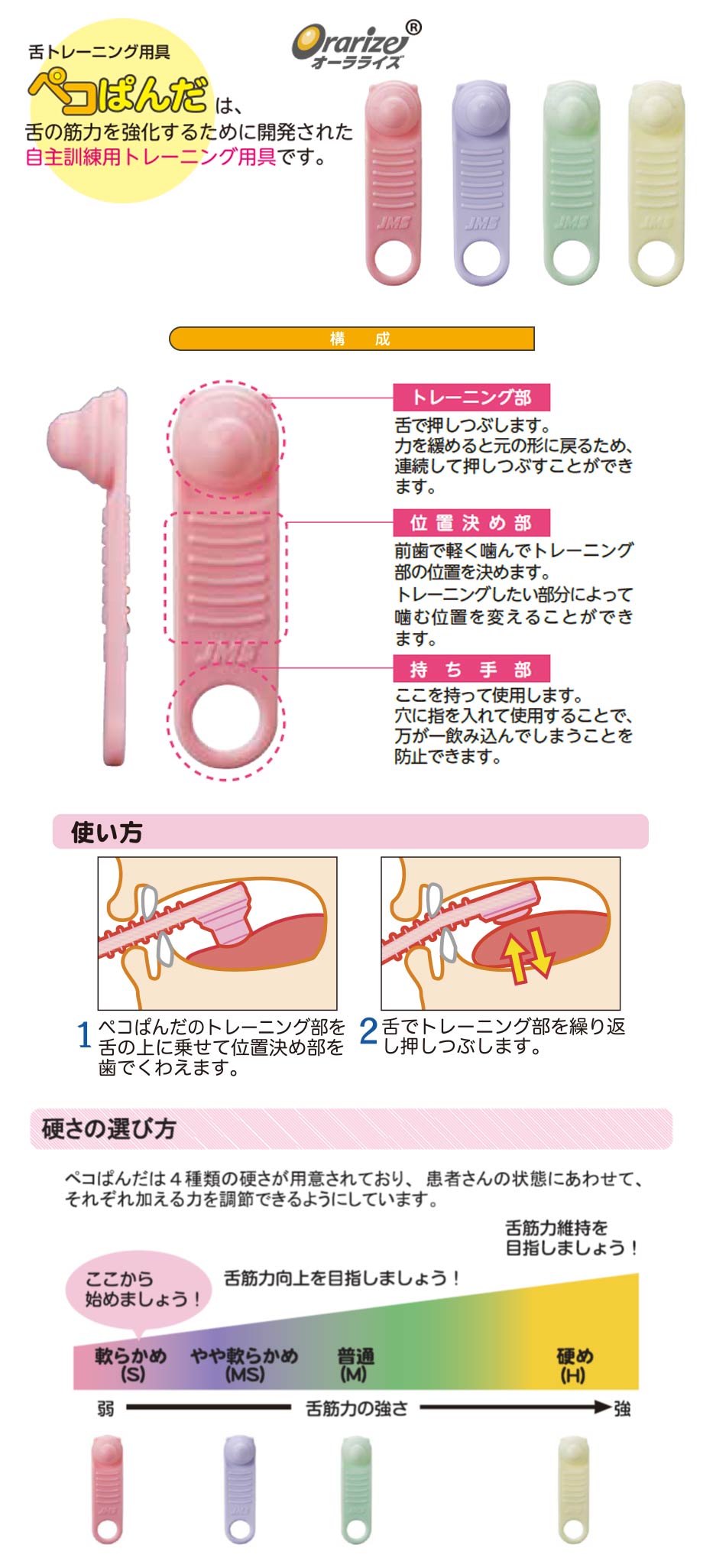 舌トレーニング用具「ペコぱんだ」は、舌の筋力を強化するために開発された自主訓練用トレーニング用具です。