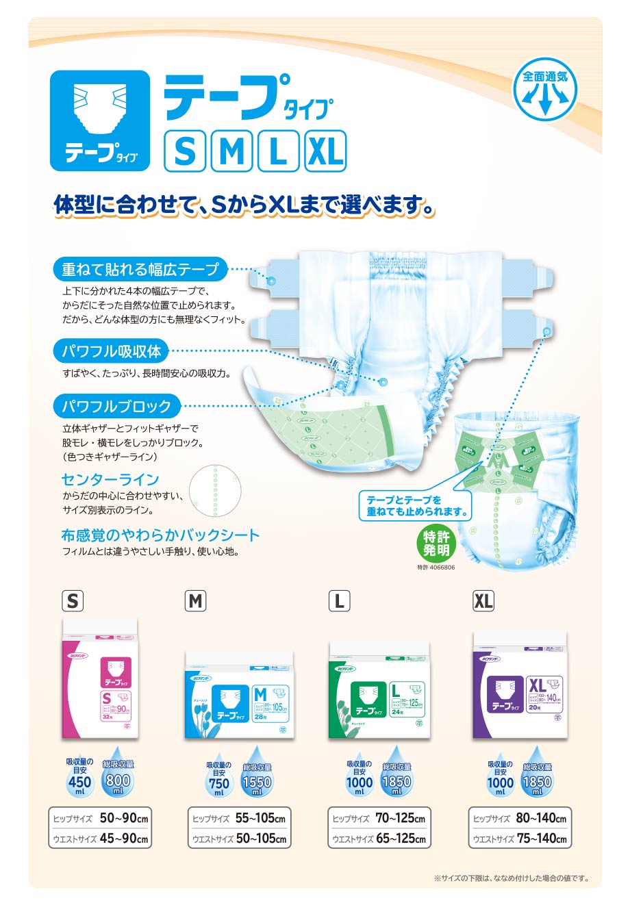 上下に分かれた4本の幅広テープ。体にそった自然な位置で止められます。どんな体型の方でも無理なくフィット。テープとテープを重ねて止めることができます。