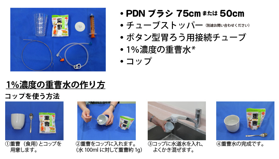 PDNブラシの特徴：強靭なステンレスワイヤーを軸としたブラシなので、胃ろうチューブ、接続チューブに簡単にブラシを挿入できます。ブラシは耐久性があるので長期間使用でき、経済性に優れています。胃ろうチューブは、安価で安全な重曹（食品）などで洗浄できます。接続チューブは、中性洗剤（食器用洗剤）などで洗浄できます。