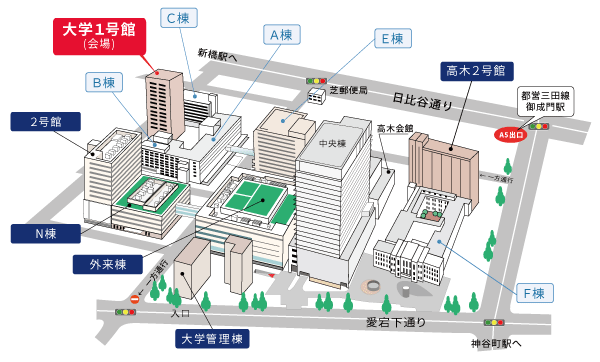 会場周辺地図（東京慈恵会医科大学　大学1号館）