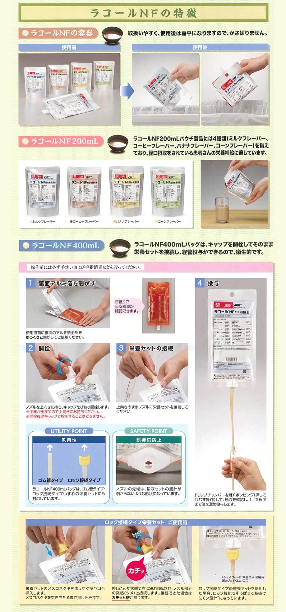 ラコールNF 200mLパウチ製品と400mLバッグの特徴