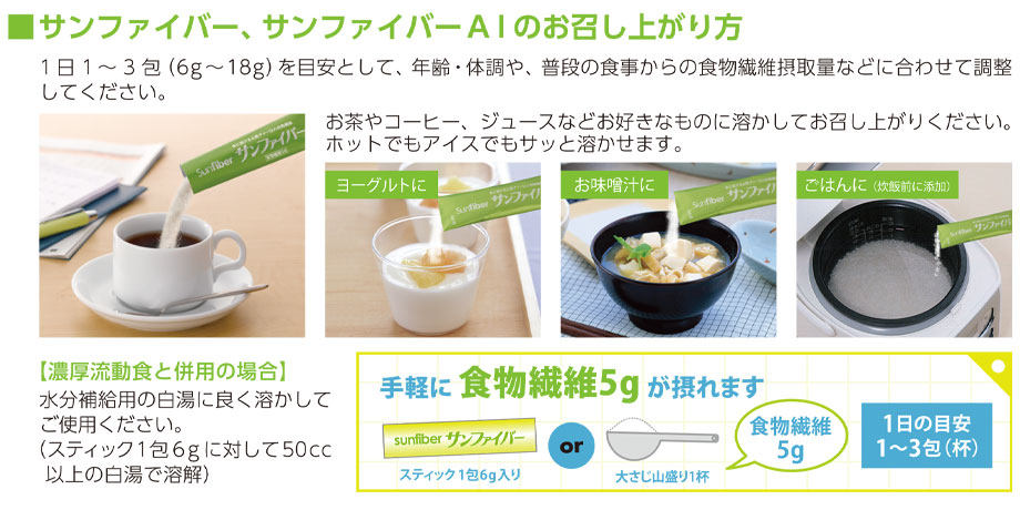 サンファイバーの使い方。飲み物に混ぜて。料理に混ぜて。経管栄養時に。